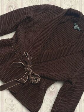 VINTAGE Ralph Lauren Brown Shawl Collar Knit Sweater with Velvet Tie 🍁